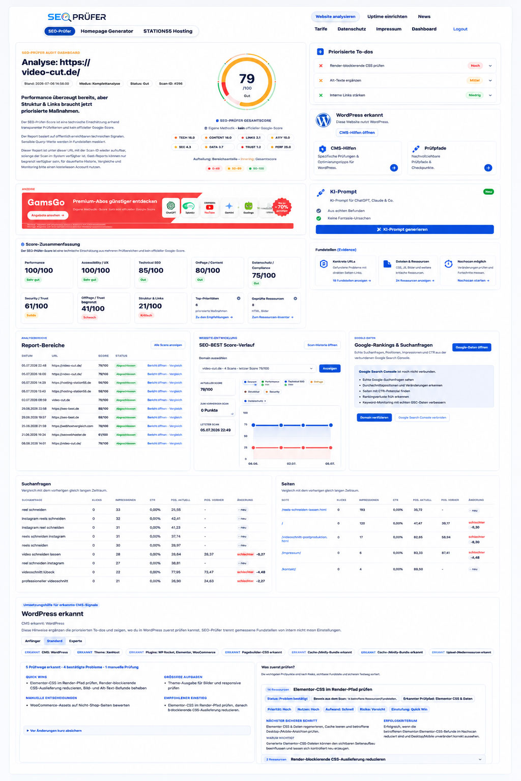 SEO-Prüfer Report-Vorschau mit Score, To-dos, CMS-Hinweisen, KI-Prompt und Dashboard-Auswertung