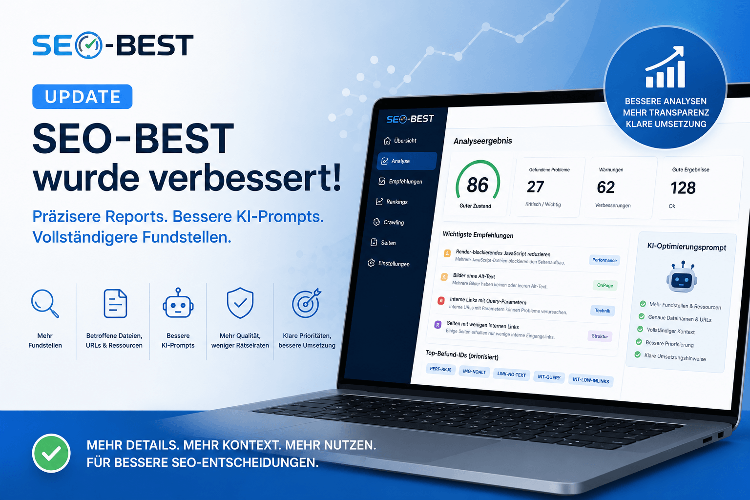SEO-BEST Update-Grafik mit Analyse-Dashboard, KI-Prompt-Hinweisen und Symbolen für präzisere Reports, vollständige Fundstellen und bessere Umsetzung.
