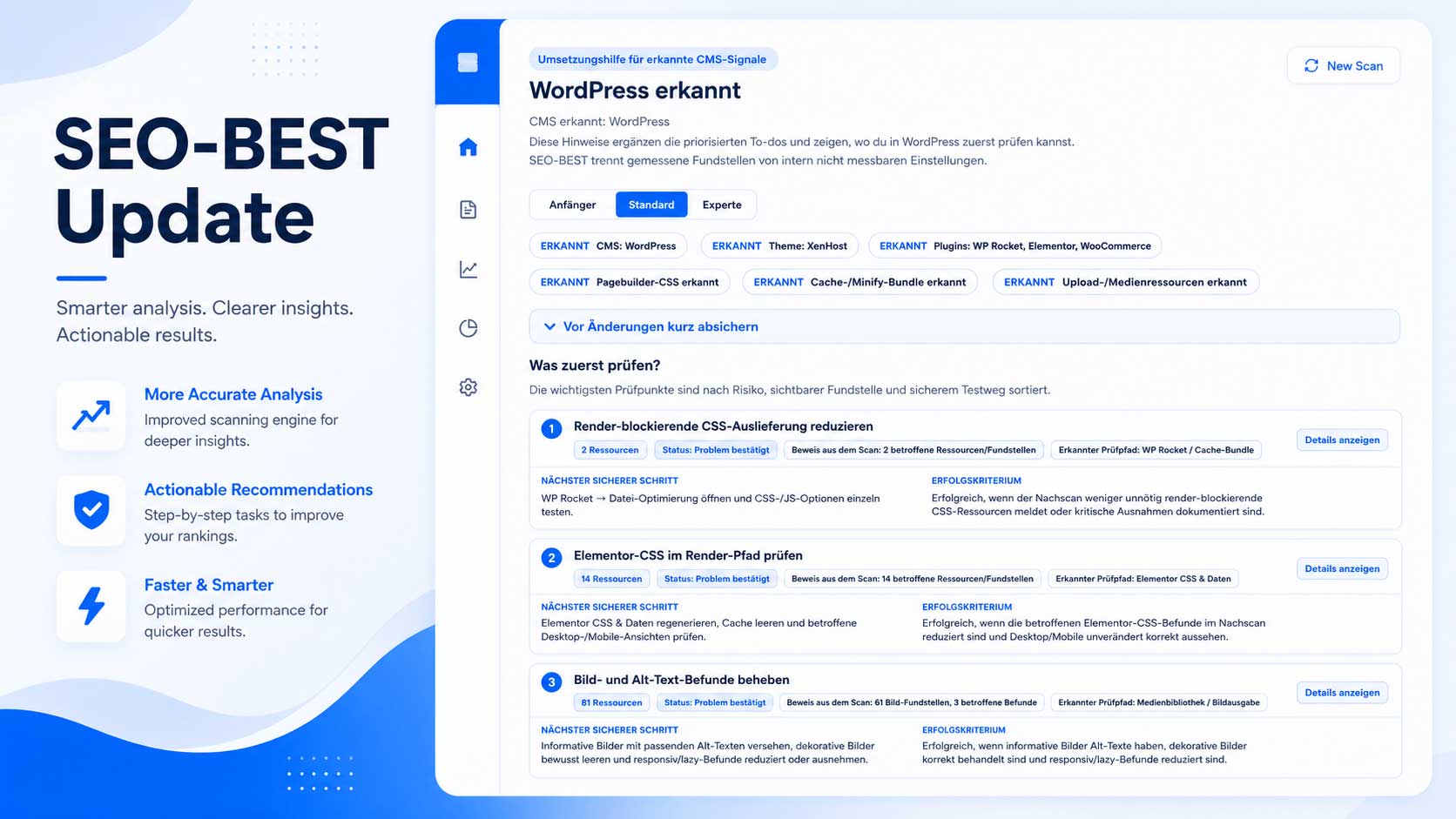SEO-BEST Update-Grafik mit Analysebericht, WordPress-Hinweisen, CMS-Prüfkarten, Fundstellen und Schritt-für-Schritt-Empfehlungen.